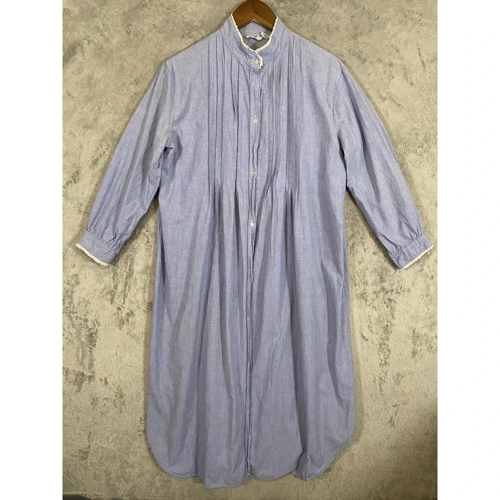 Lewis Frimel Nightgown Womens Sz L‎ Blue Chambray Pintuck Button Front Lace Trim